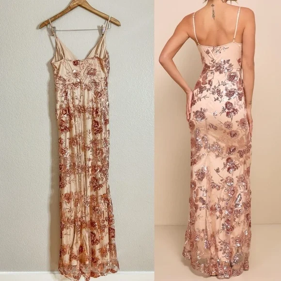 NWOT Shine Language Rose Gold Sequin Mermaid Maxi Dress - Picture 3 of 8